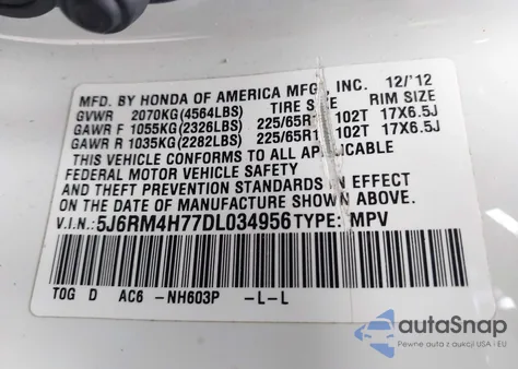 2013 Honda Cr-V Ex-L z USA, uszkodzony, nr VIN 5J6RM4H77DL034956